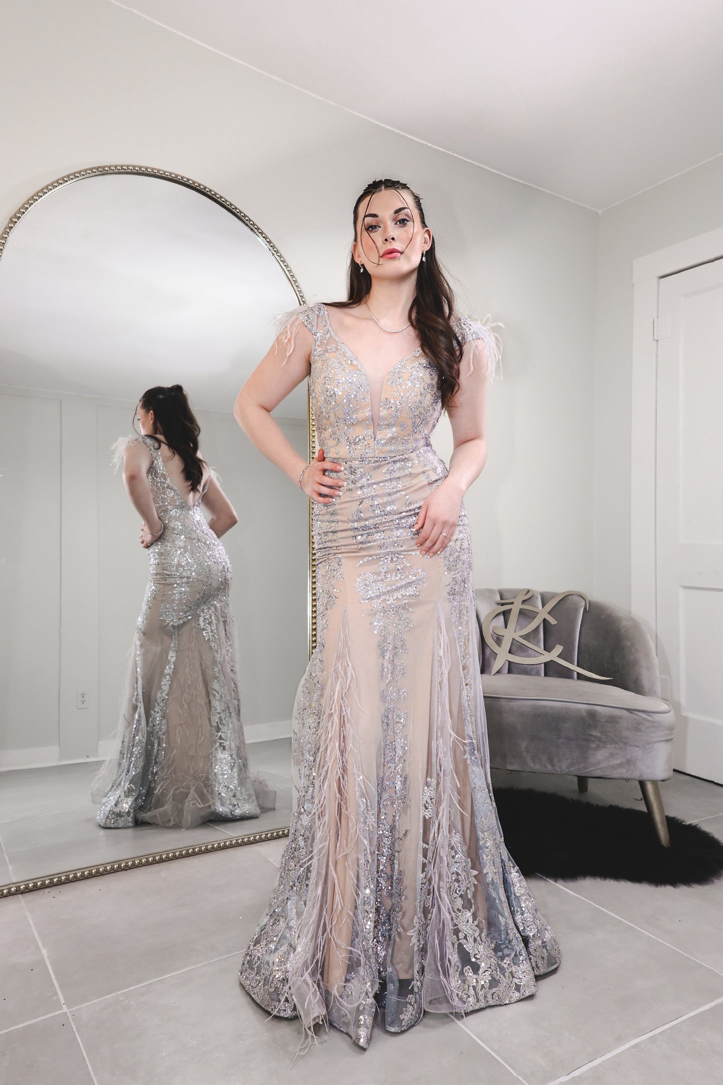 Gilded Feather Sequin Evening Gown