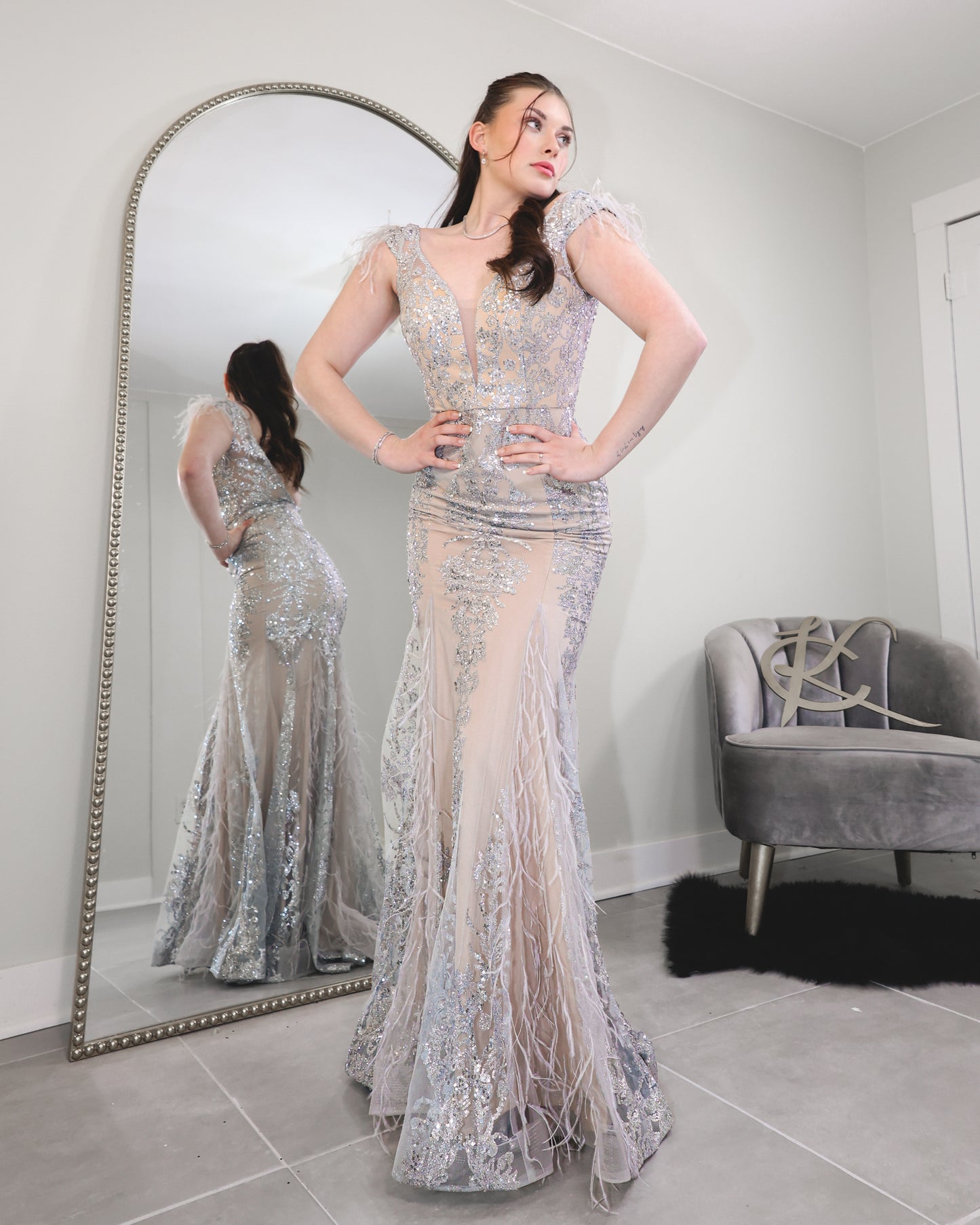 Gilded Feather Sequin Evening Gown