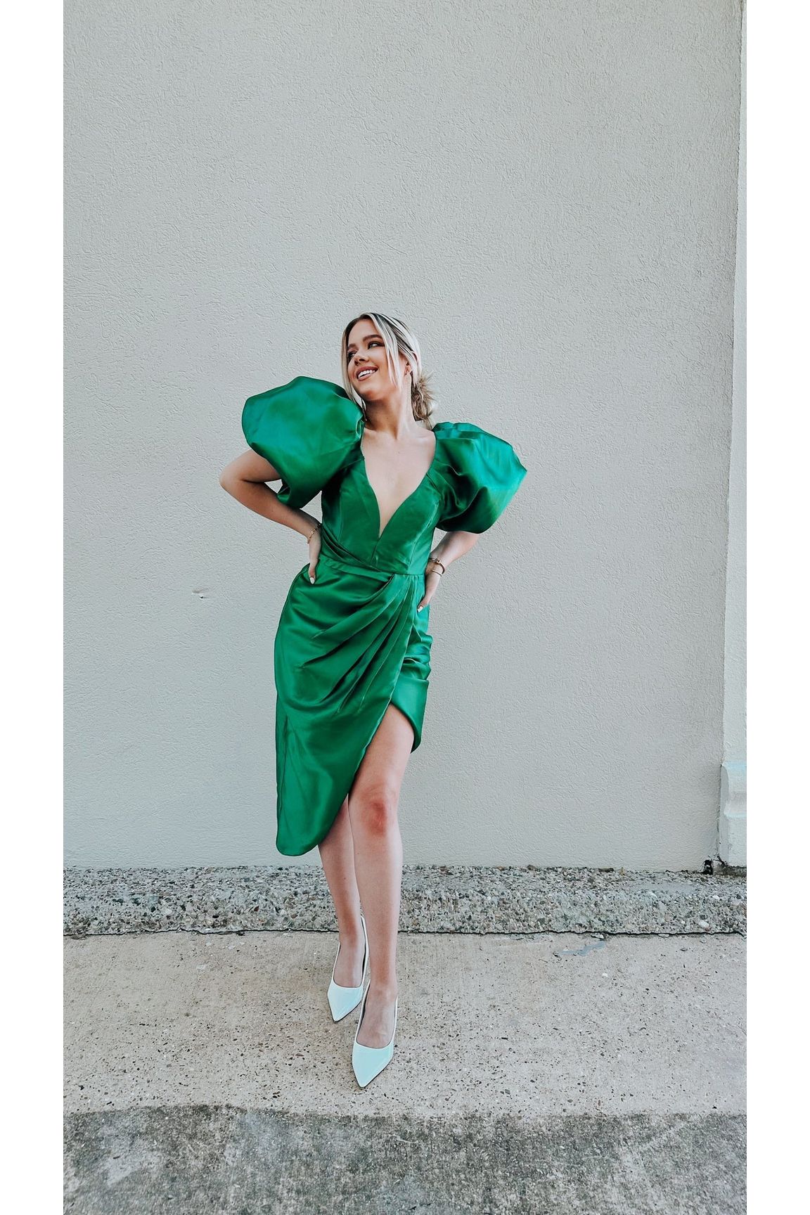 Gracie Green Puff Sleeve Wrap Dress-Dresses-KCoutureBoutique, women's boutique in Bossier City, Louisiana