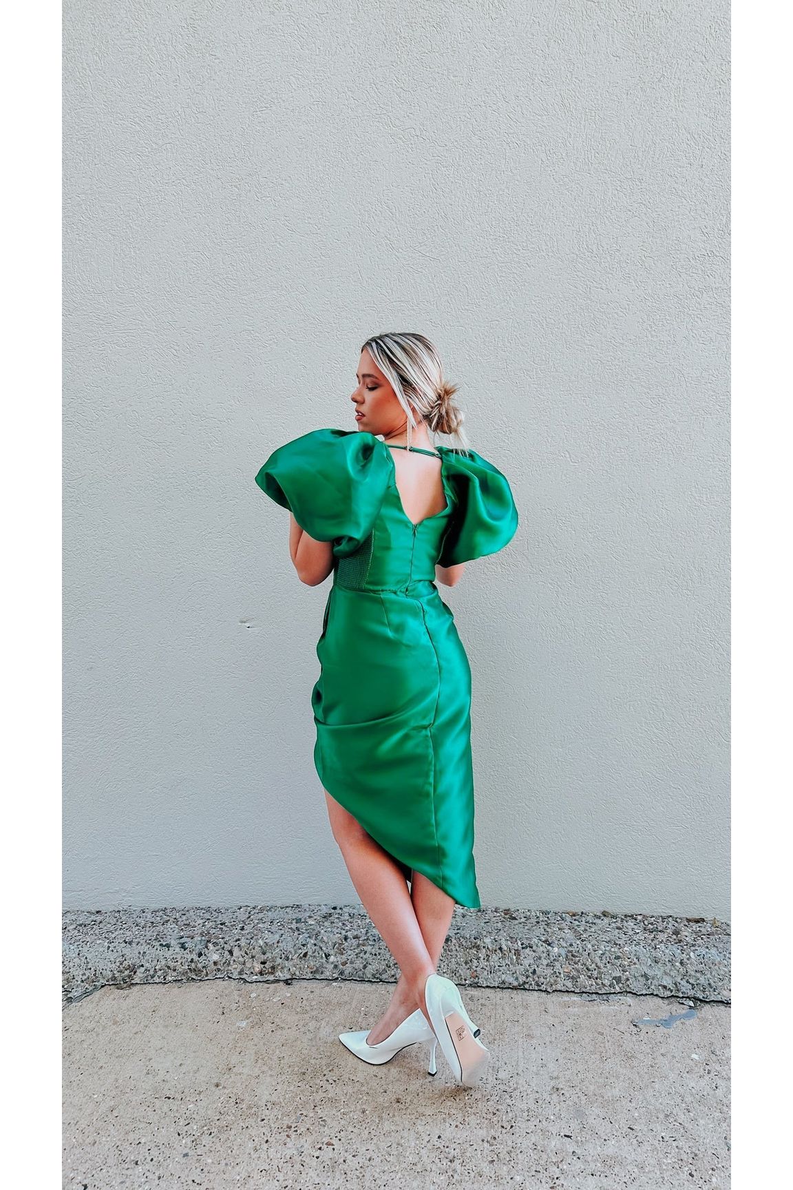 Gracie Green Puff Sleeve Wrap Dress-Dresses-KCoutureBoutique, women's boutique in Bossier City, Louisiana