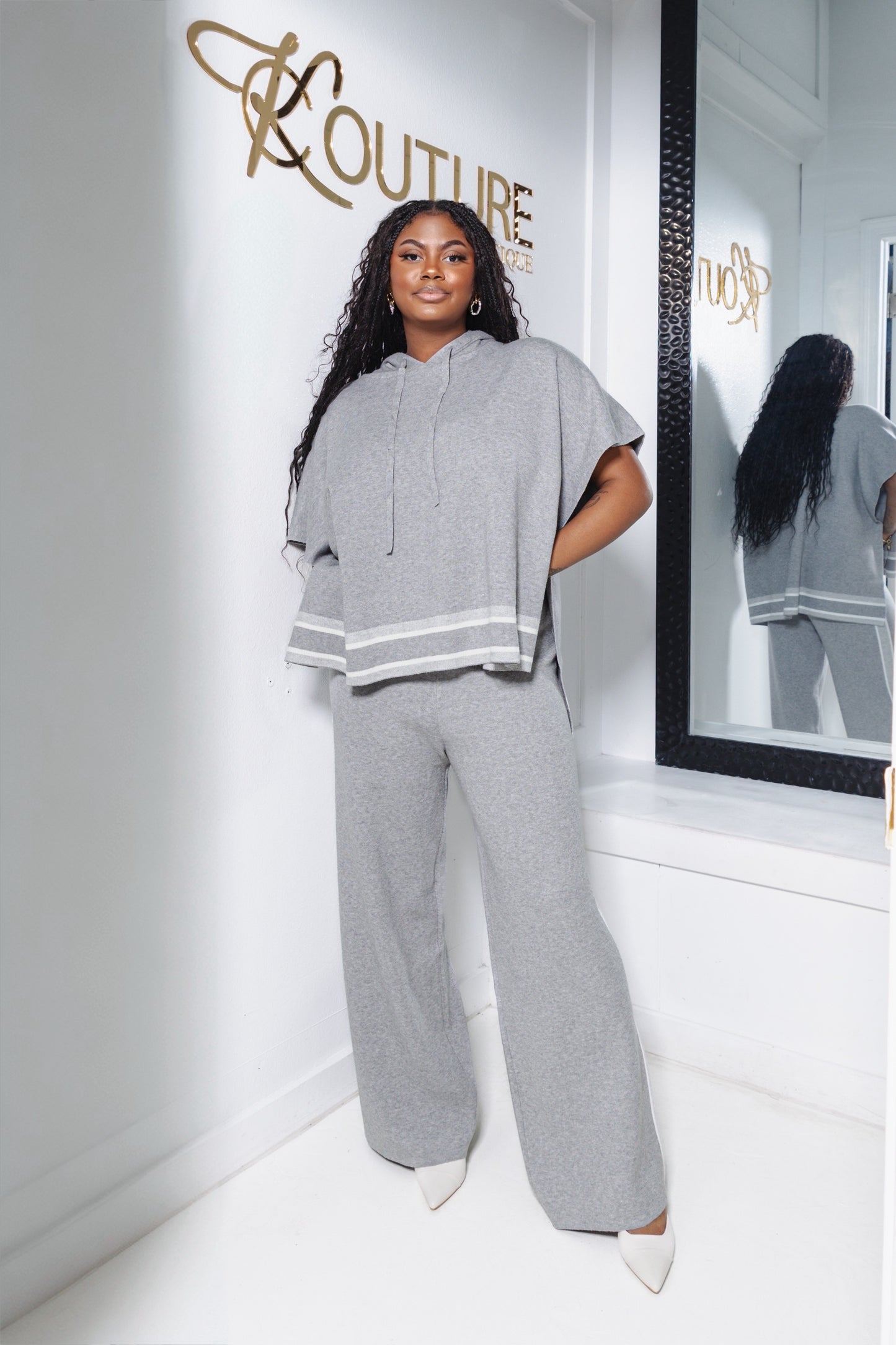 Gray Area Side Striped Hooded Sweater Top