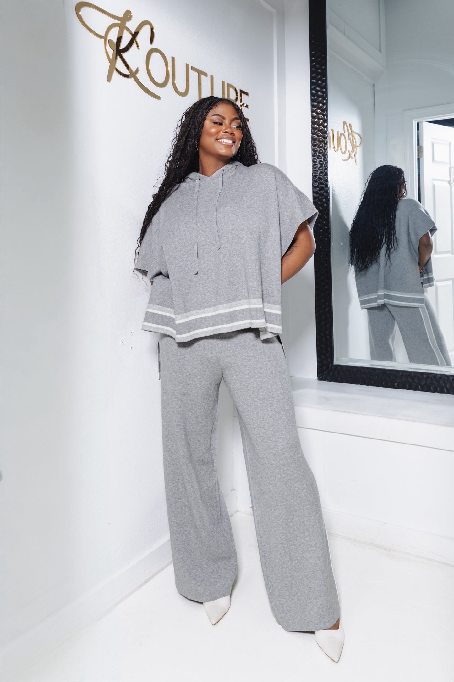 Gray Area Side Striped Hooded Sweater Top