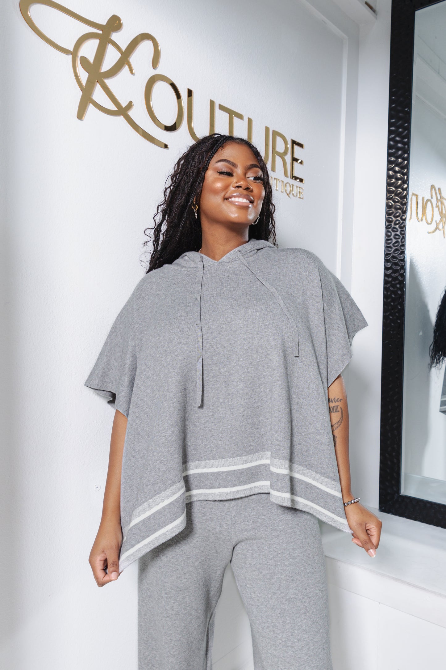 Gray Area Side Striped Hooded Sweater Top