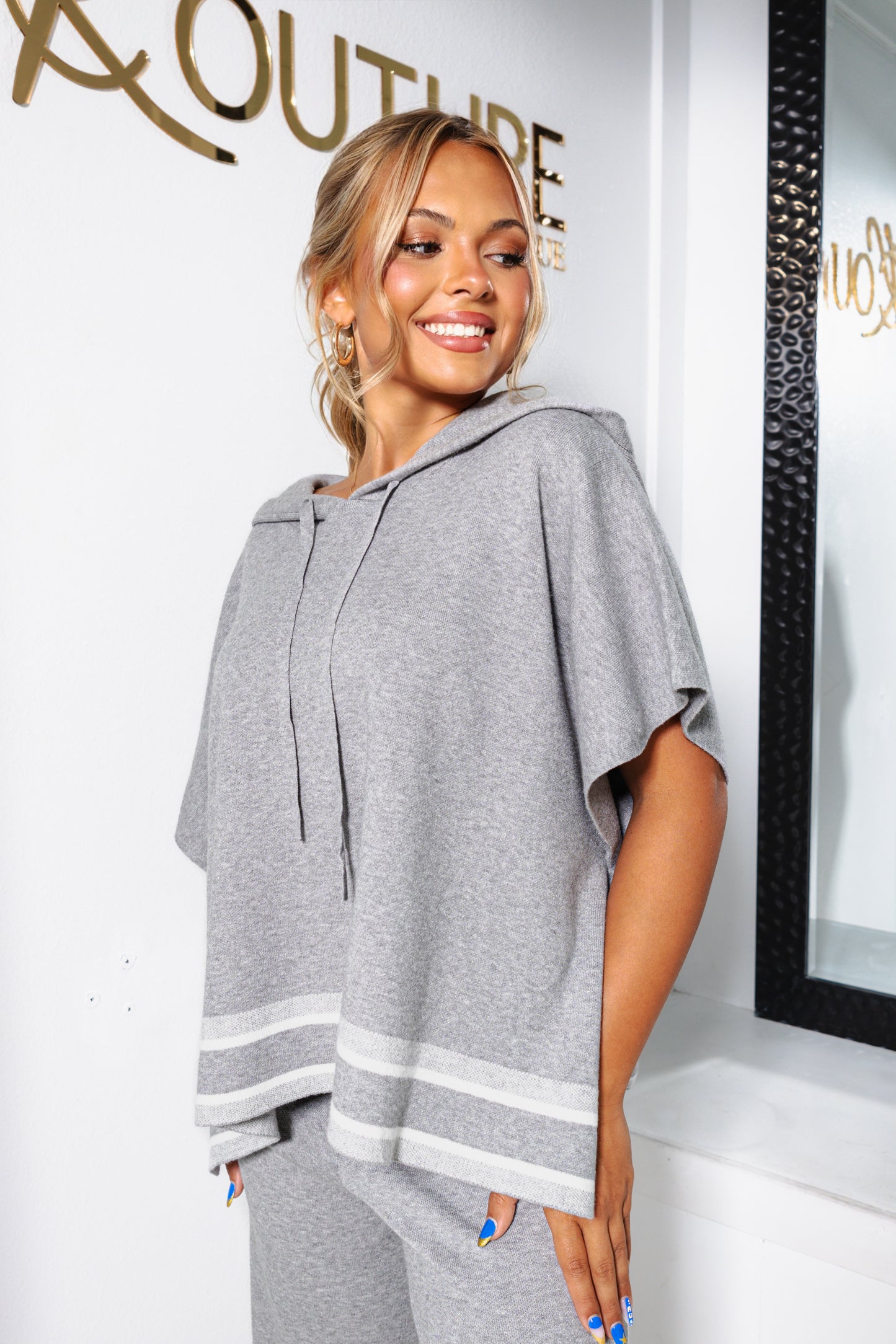 Gray Area Side Striped Hooded Sweater Top