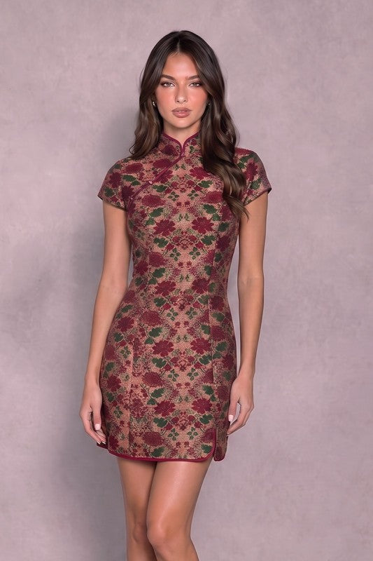 Floral Jacquard Mandarin Collar Mini Dress