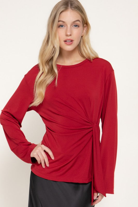 Evergreen Elegance Ruched Side Tie Knit Top