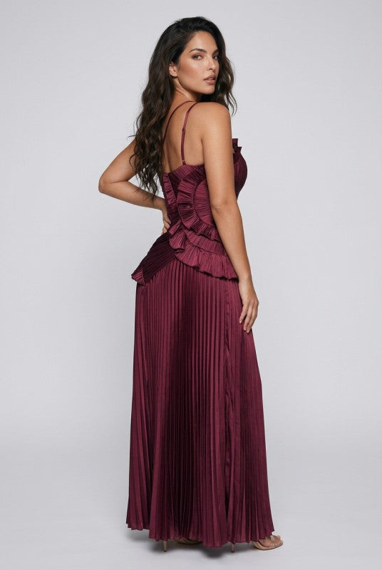 Bordeaux Belle One-Shoulder Pleated Maxi Dress