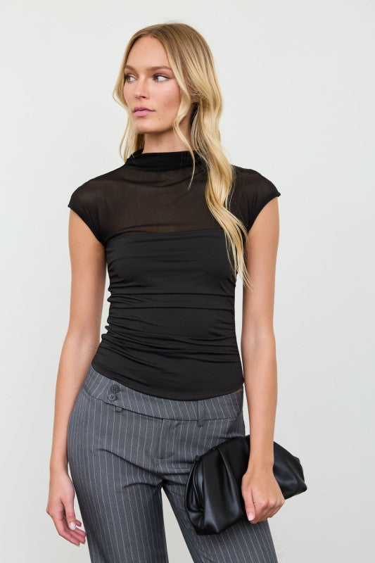 Sienna Sheer Mesh Ruched Cap Sleeve Top