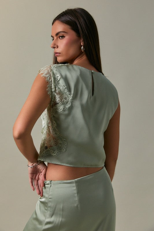Sage Romance Lace Trim Crop Top