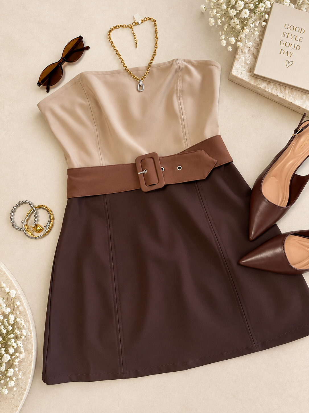 Strapless Colorblock Belted Mini Dress