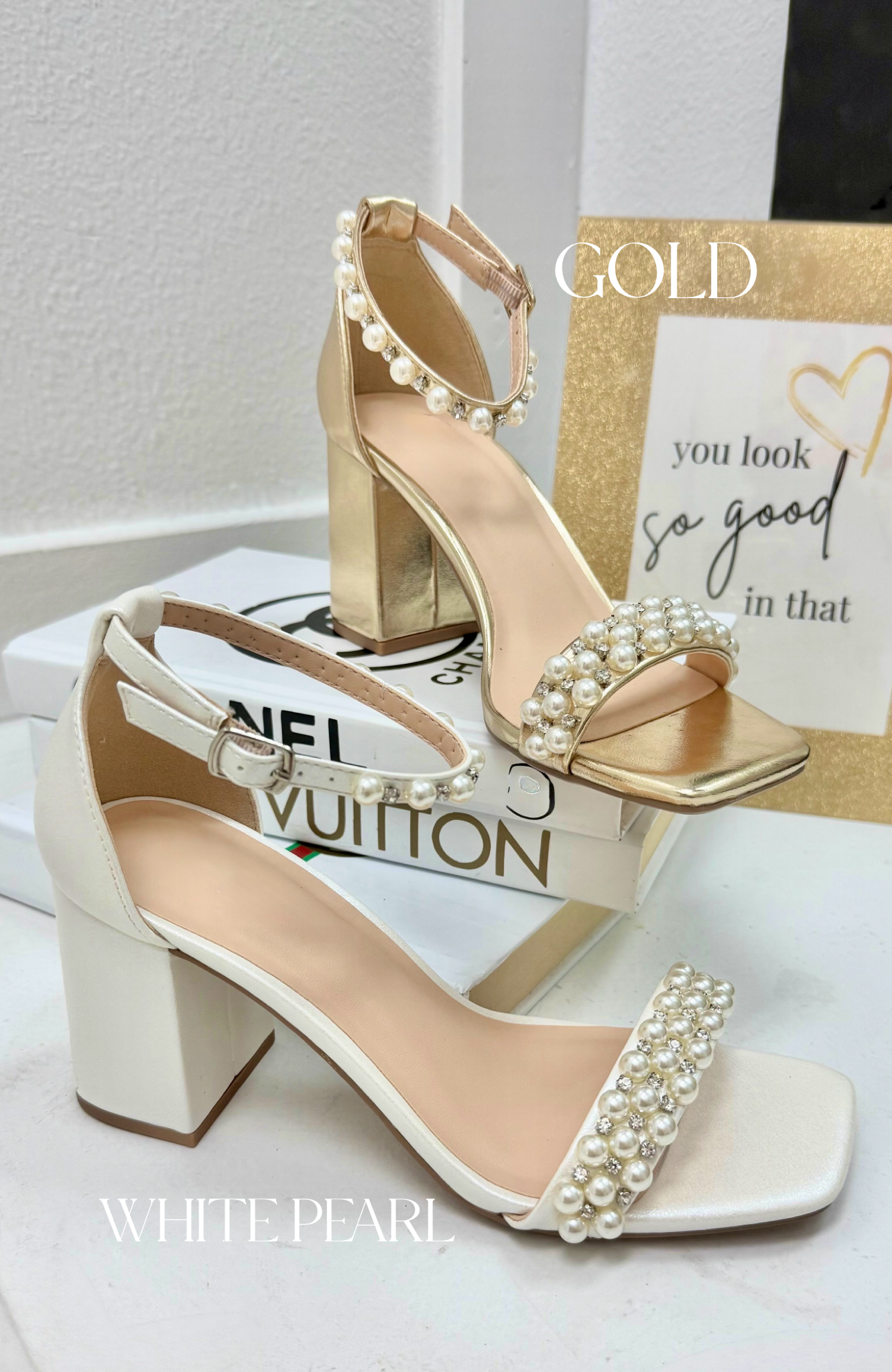 Champagne & Pearls Gold Block Heels