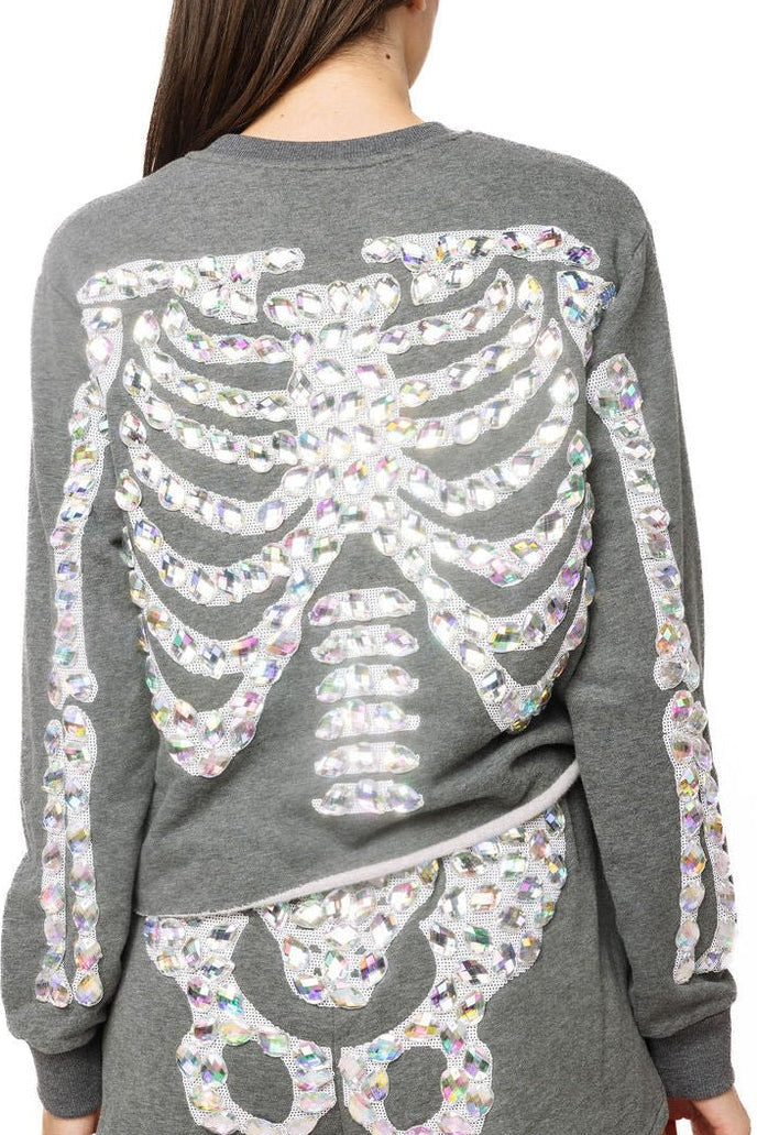 QOS Iridescent Jeweled Skeleton Sweatshirt
