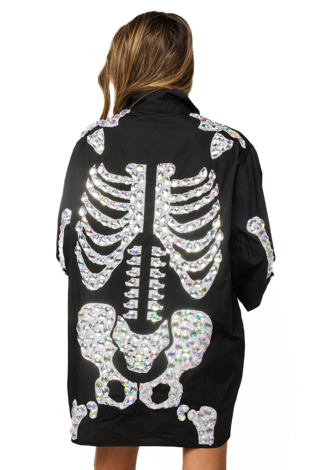 QOS Charcoal Iridescent Jeweled Skeleton Sweatshirt