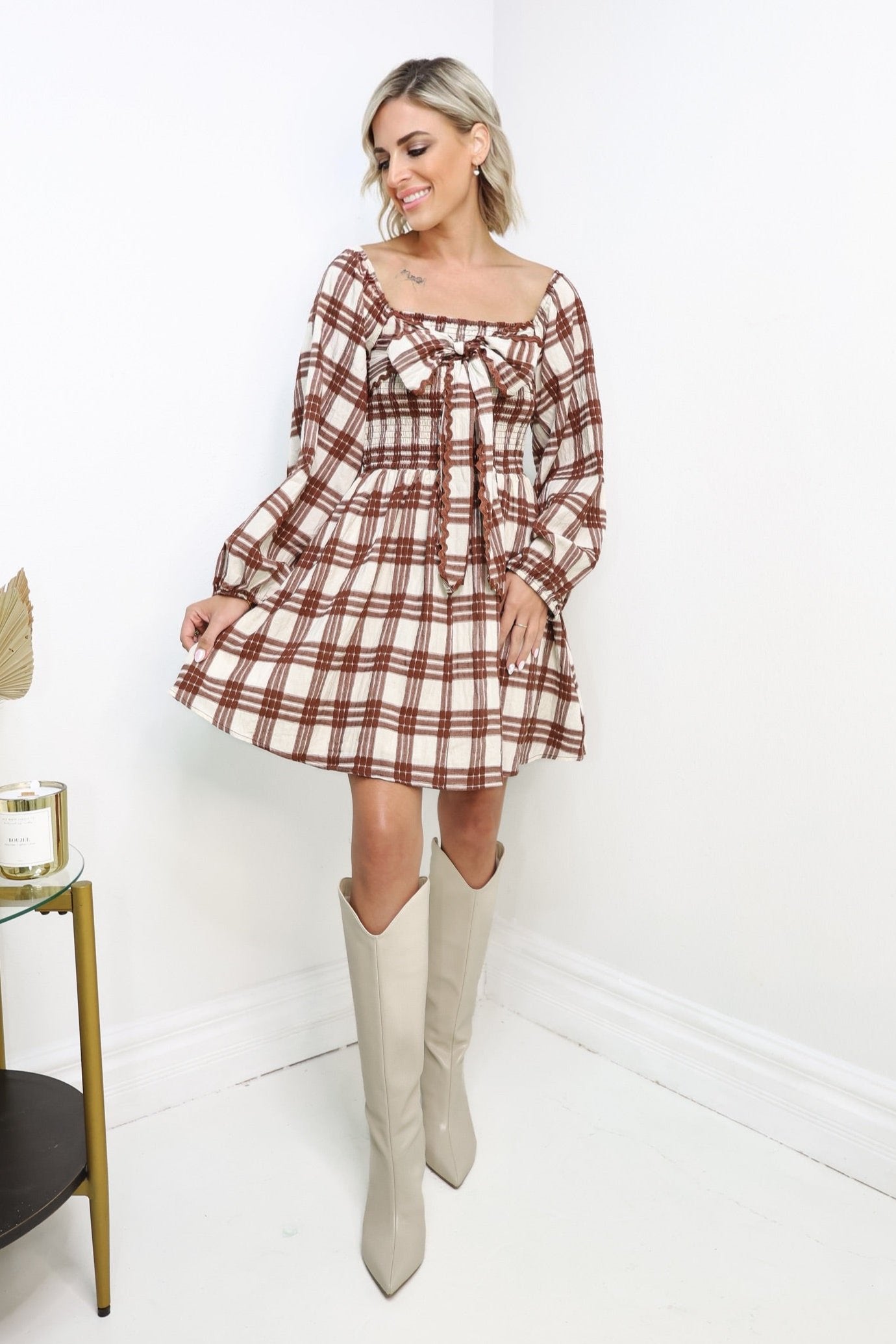 Cozy In Plaid Mini Dress Brown / Large (10/12) Cozy In Plaid Mini Dress Brown / Large (10/12)