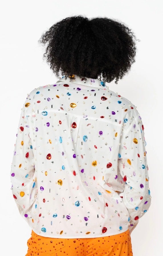 QOS White Jewel & Pearl Button Up Top