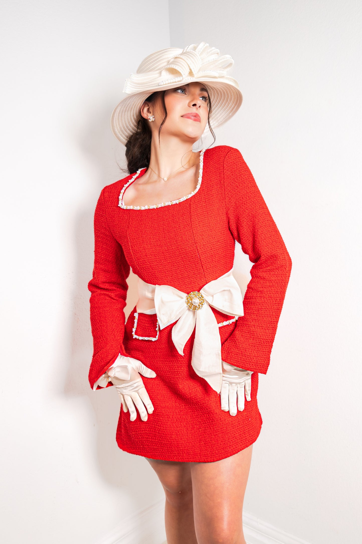 The Radiant In Red Pearl Trimmed Dress