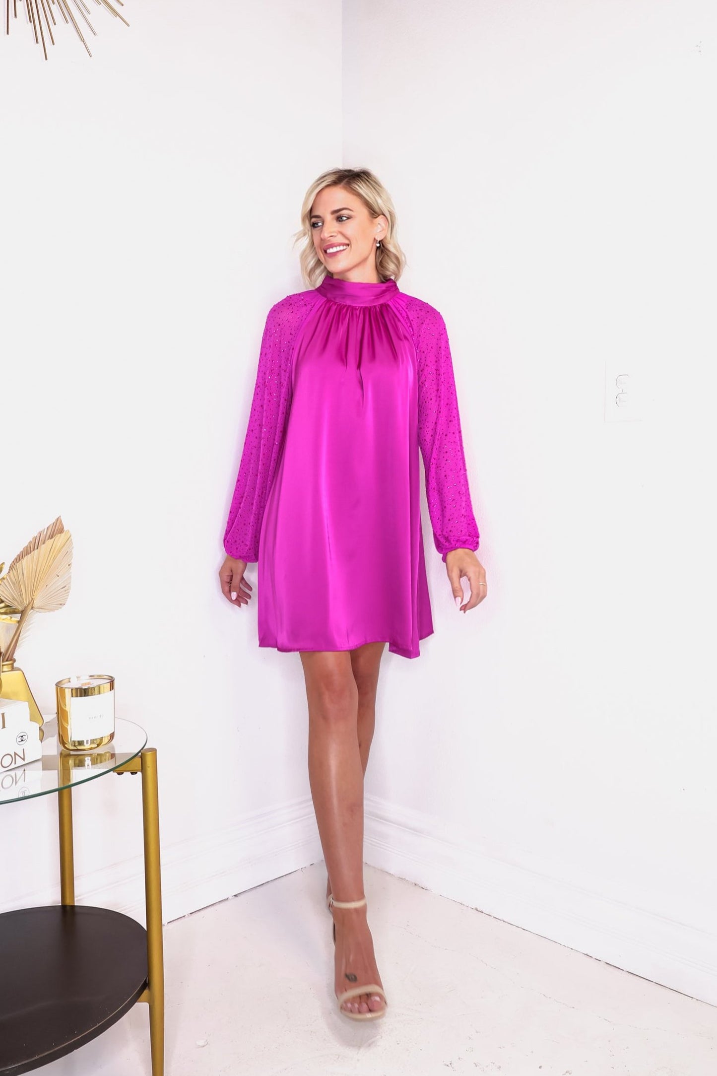 Magenta Rhinestone Sleeve Satin Mini Dress