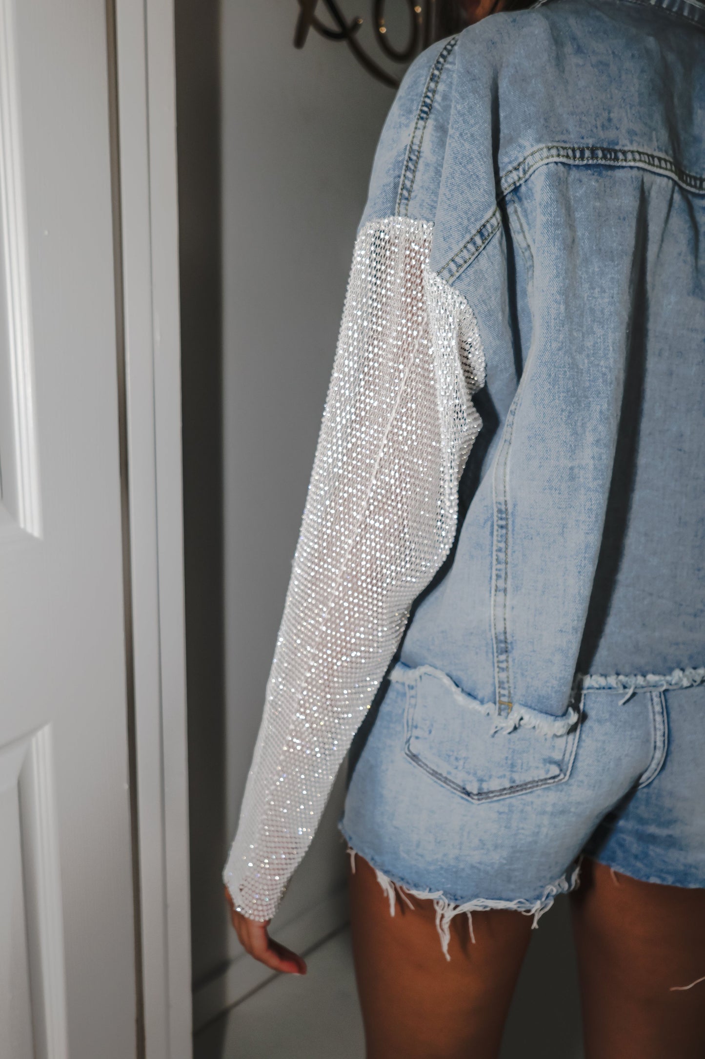 Rhinestone Mesh Sleeve Sparkly Denim Jacket