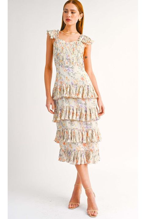 Ivory Floral Pleated Midi Dress-Dresses-KCoutureBoutique, women's boutique in Bossier City, Louisiana
