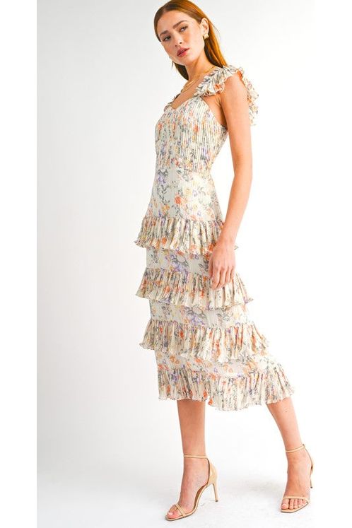 Ivory Floral Pleated Midi Dress-Dresses-KCoutureBoutique, women's boutique in Bossier City, Louisiana