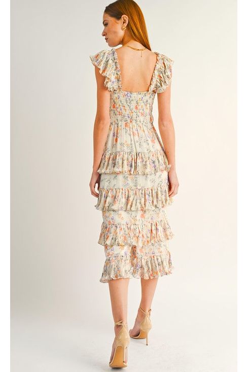 Ivory Floral Pleated Midi Dress-Dresses-KCoutureBoutique, women's boutique in Bossier City, Louisiana