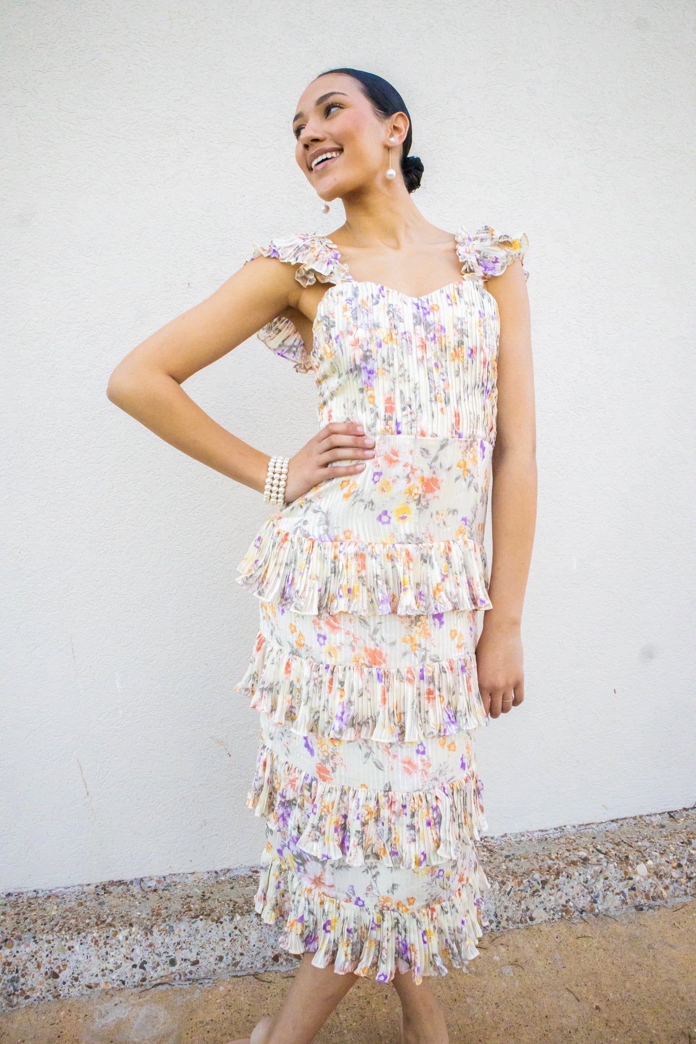 floral pleated midi dress PinkBlush Light Pink Floral Pleated Short Sleeve Chiffon Maternity Midi Dress Medium