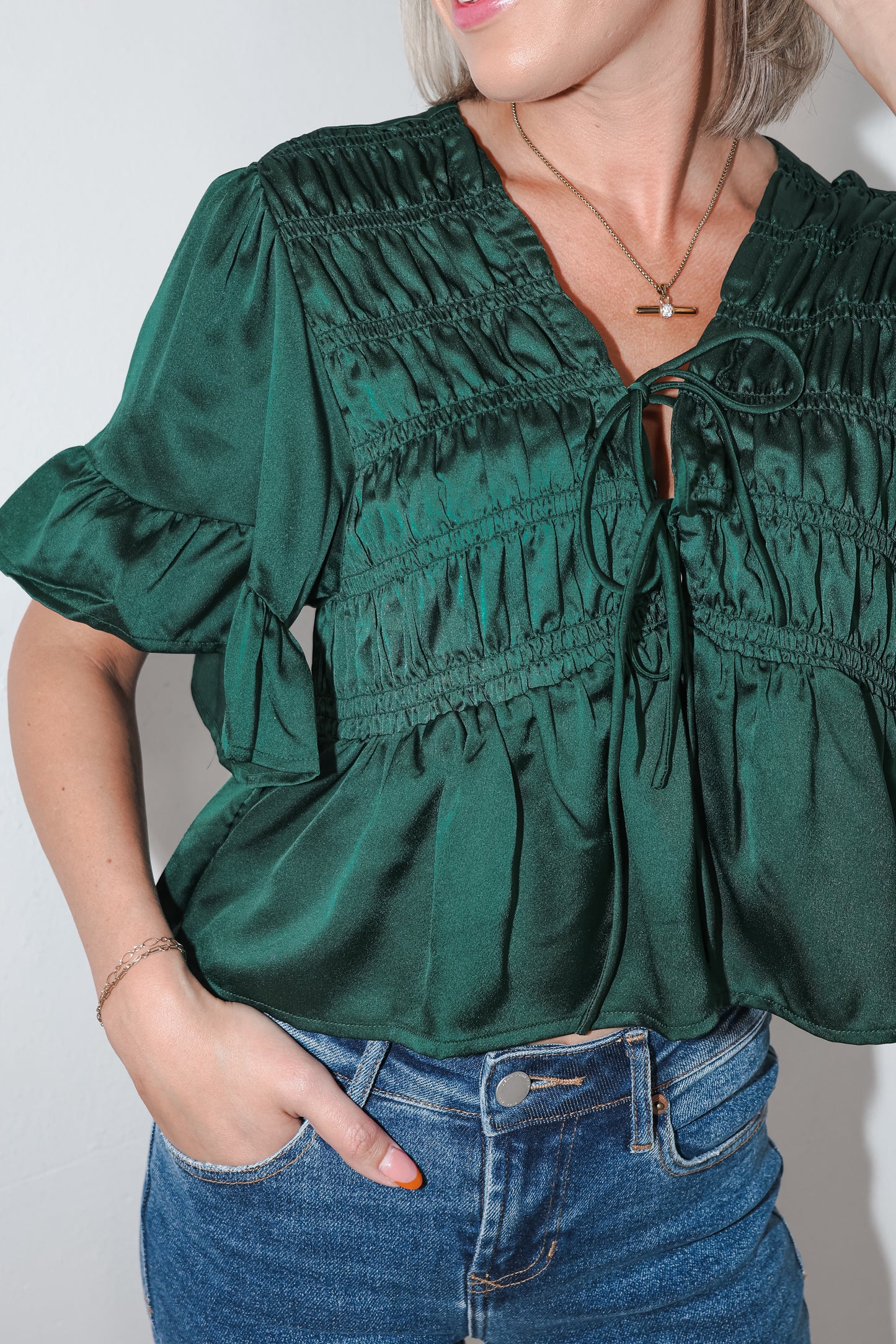 Emerald Ruffled Satin Top