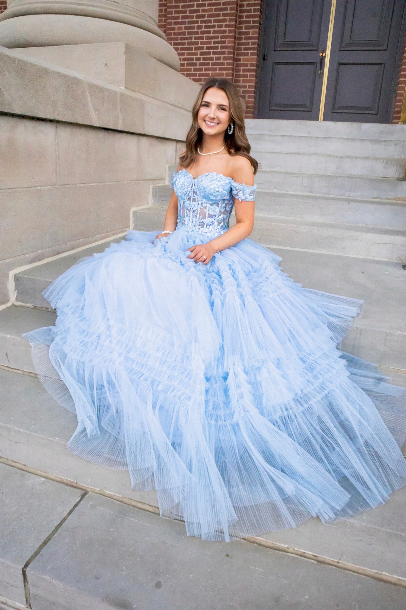 Light Blue Pleated Tulle Ball Gown-Dresses-KCoutureBoutique, women's boutique in Bossier City, Louisiana
