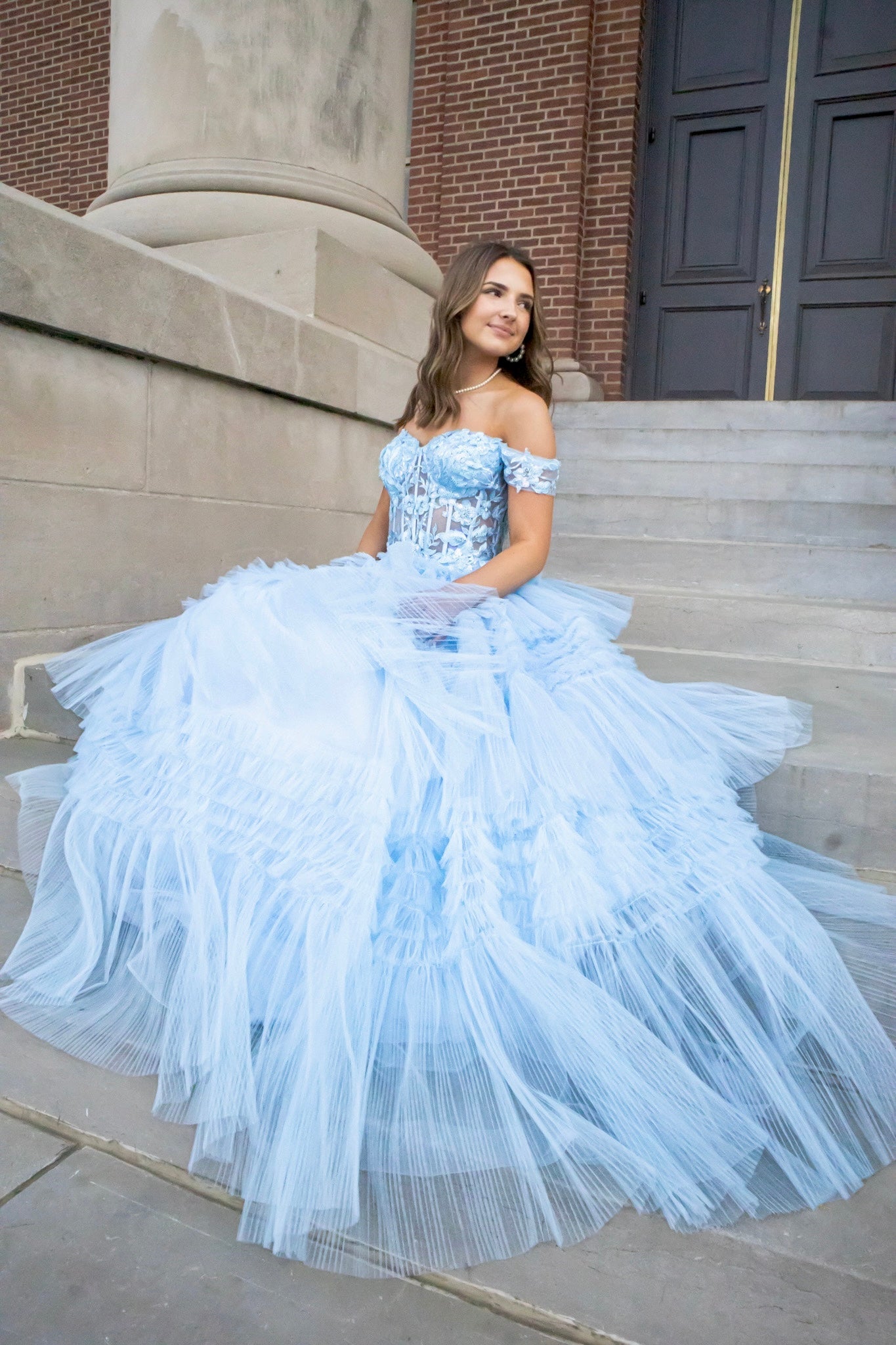 Light Blue Pleated Tulle Ball Gown