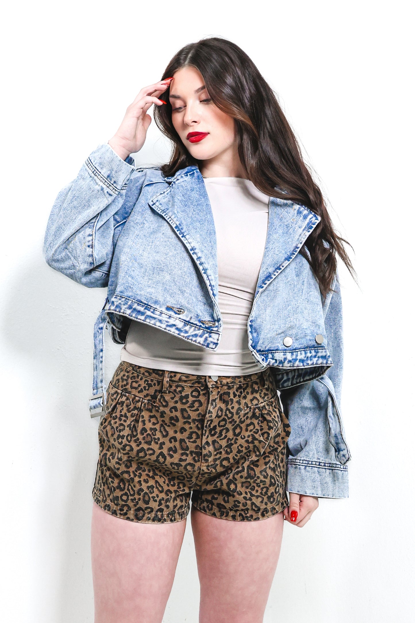 Light Wash Denim Cropped Moto Jacket