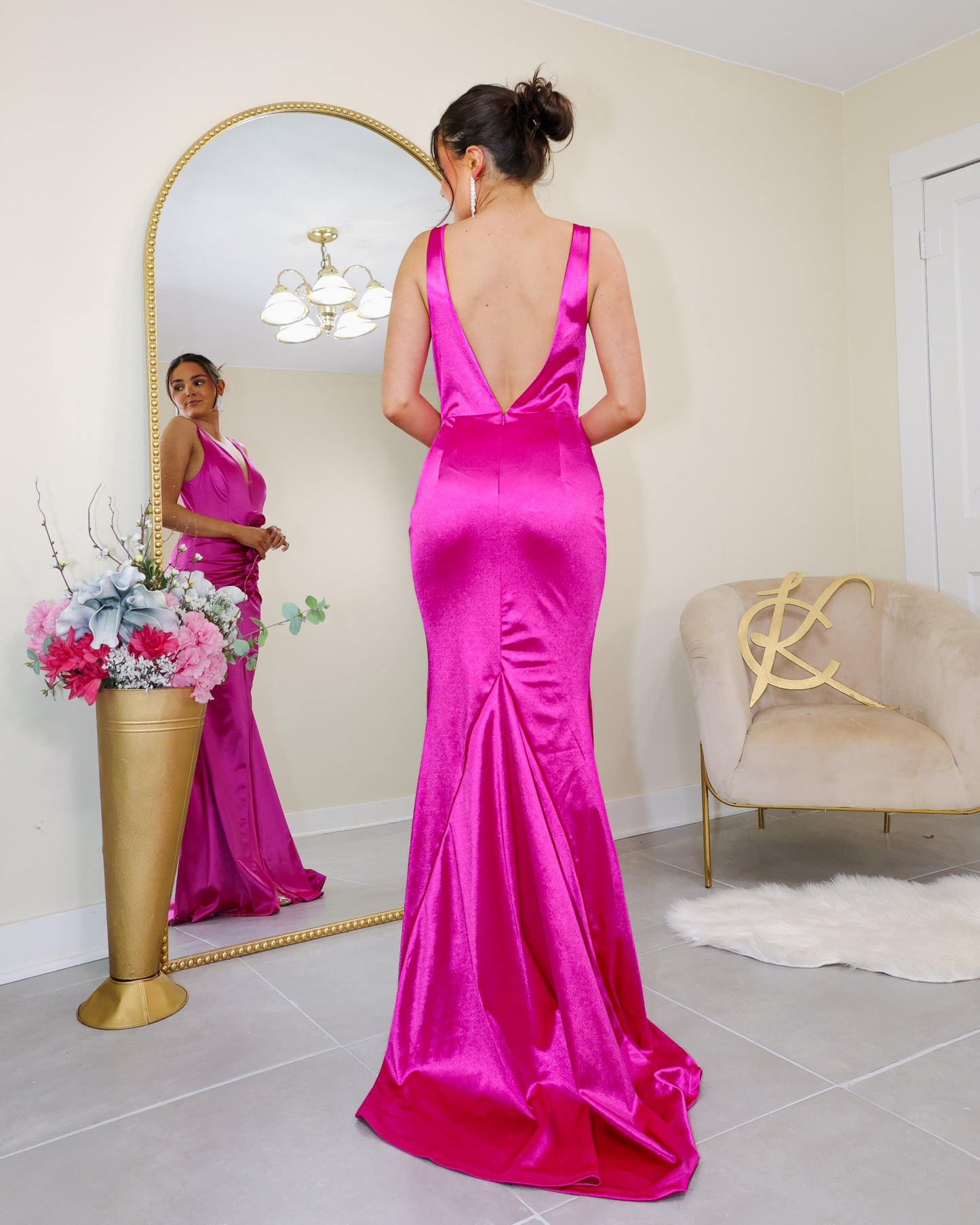 Magenta V-Neck Rose Satin Gown