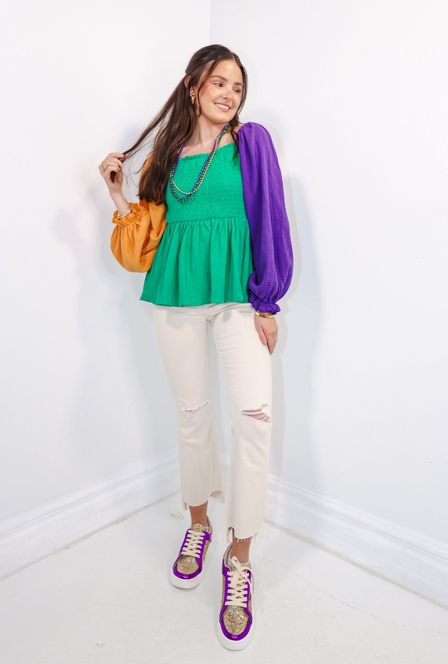 Mardi Gras Color Block Gauze Babydoll Top