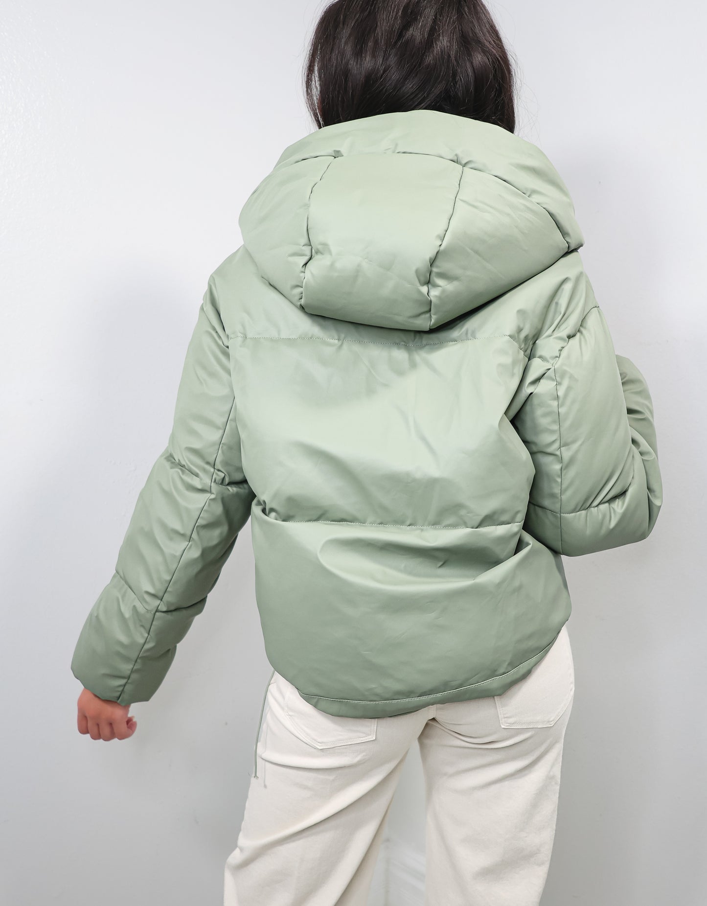 Matte Sage Faux Leather Hooded Puffer Jacket