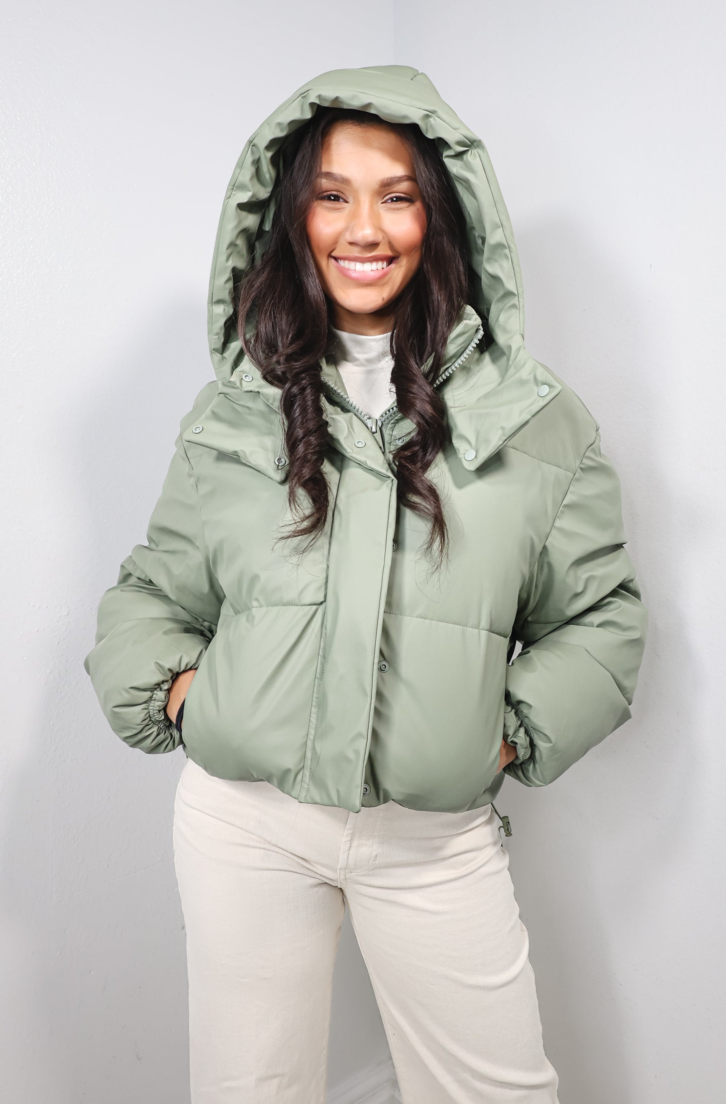 Matte Sage Faux Leather Hooded Puffer Jacket