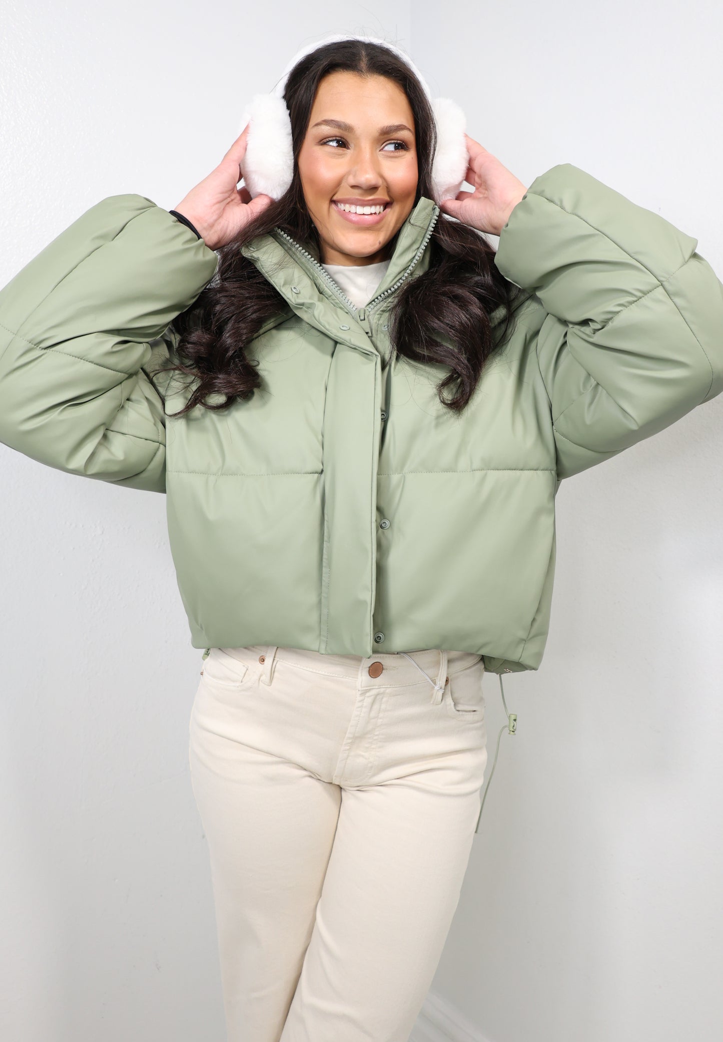 Matte Sage Faux Leather Hooded Puffer Jacket