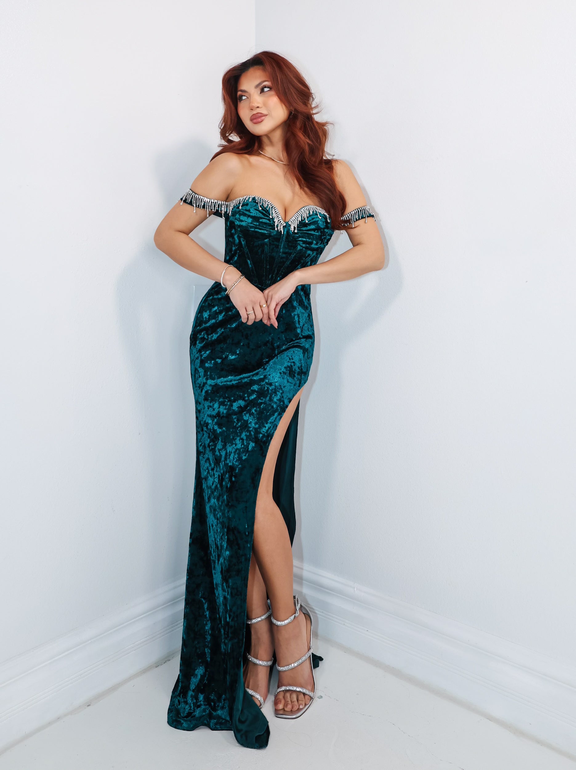 Midnight Jewel Velvet Beaded Gown Emerald Blue / Large (10/12) Midnight Jewel Velvet Beaded Gown Emerald Blue / Large (10/12)