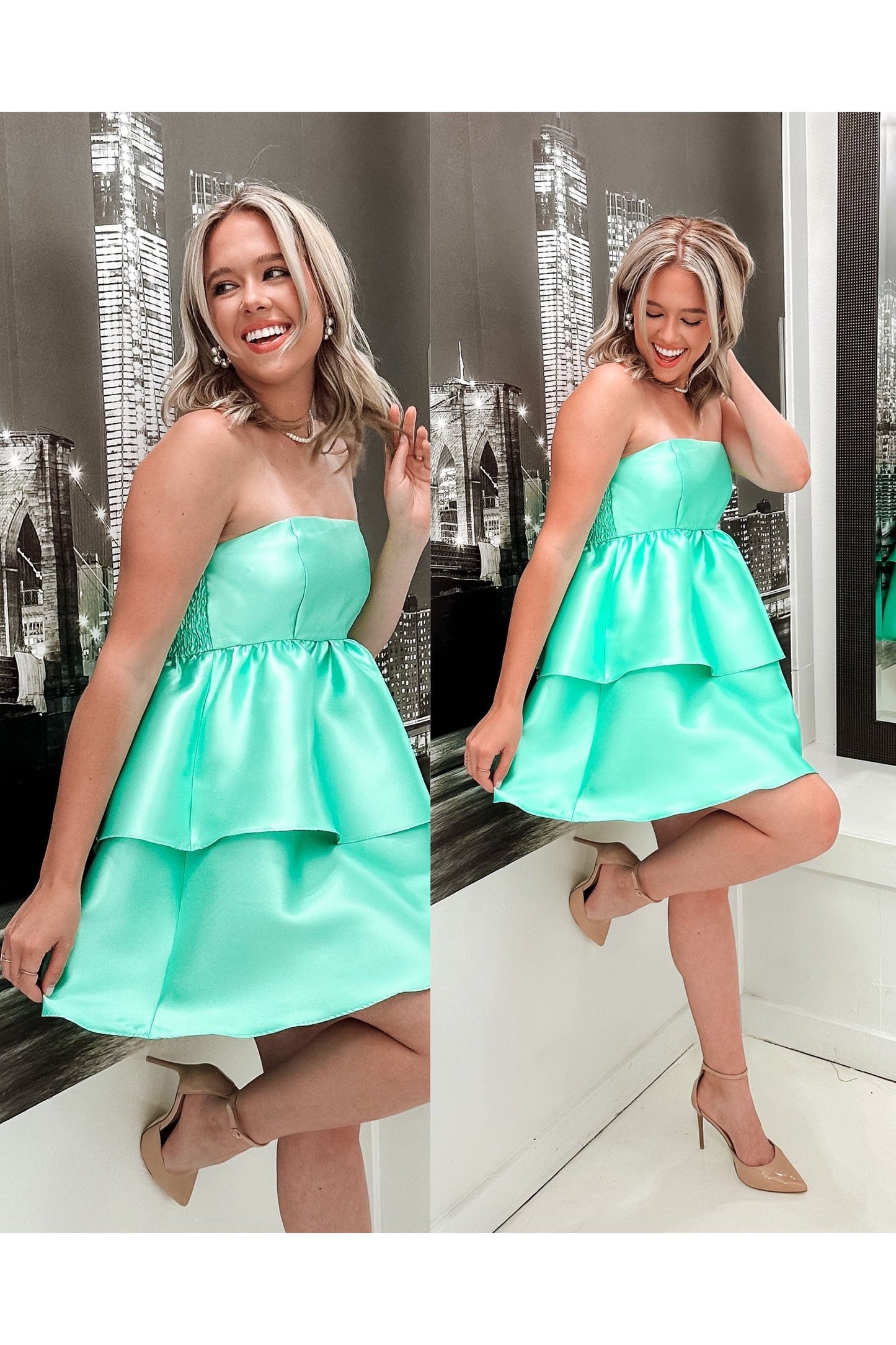 Mint Madness Two-Tier Ruffle Mini Dress-Dresses-KCoutureBoutique, women's boutique in Bossier City, Louisiana