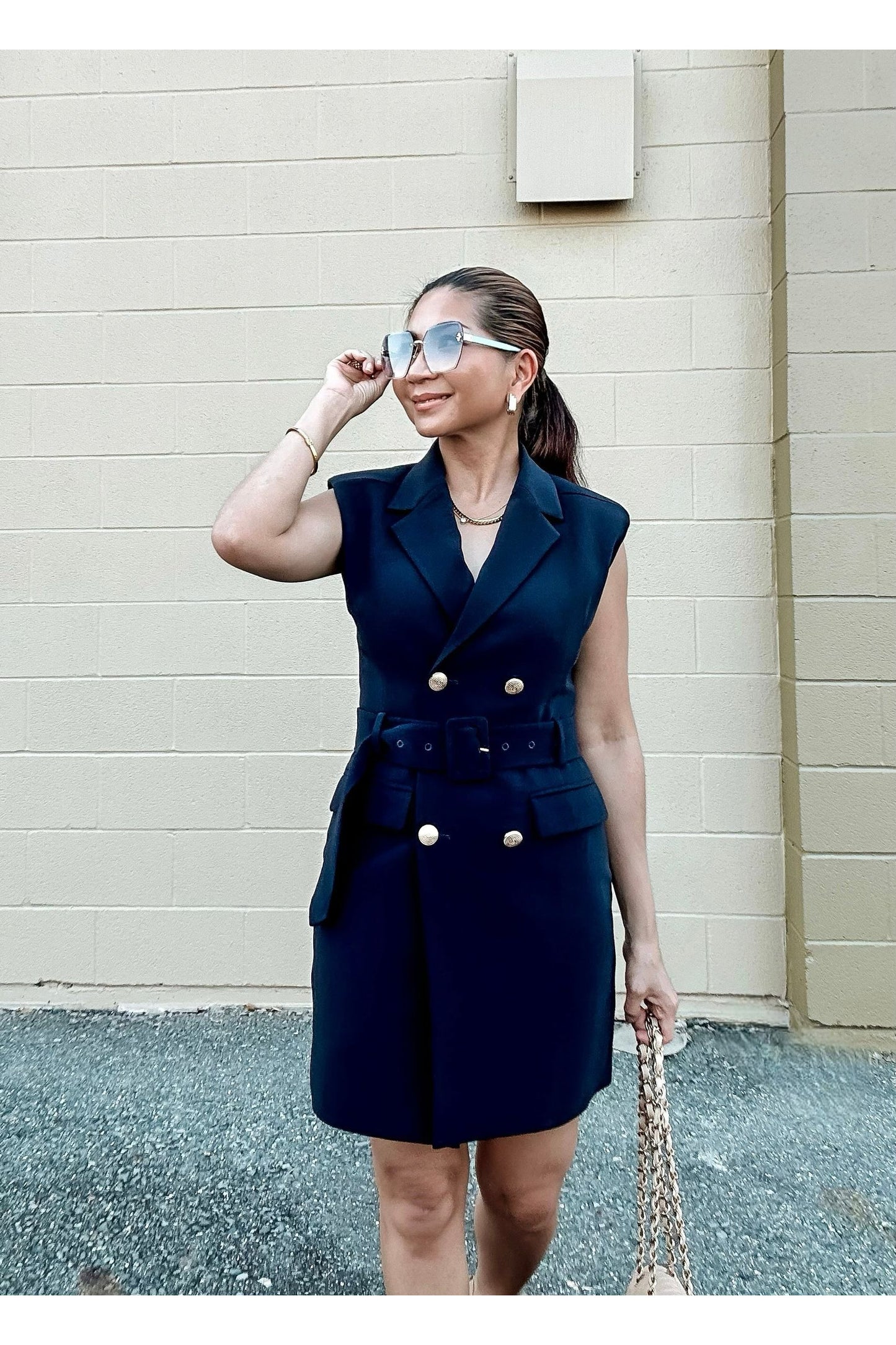Noble Navy Belted Suit Vest Dress-Dress-KCoutureBoutique, women's boutique in Bossier City, Louisiana