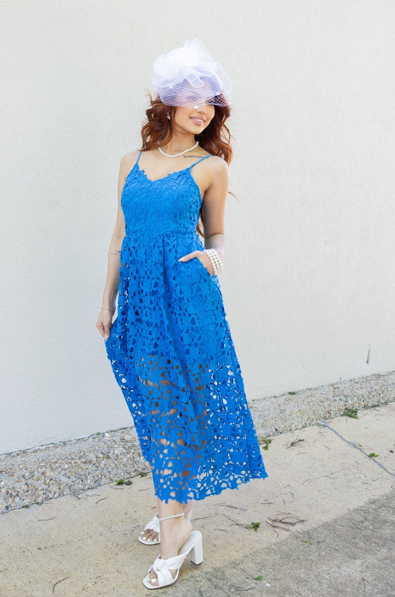 Ocean Blue Lace Midi Dress-Dresses-KCoutureBoutique, women's boutique in Bossier City, Louisiana