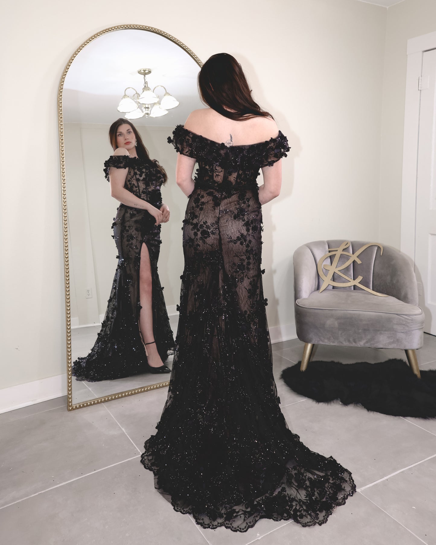 Off The Shoulder Floral Lace Gown