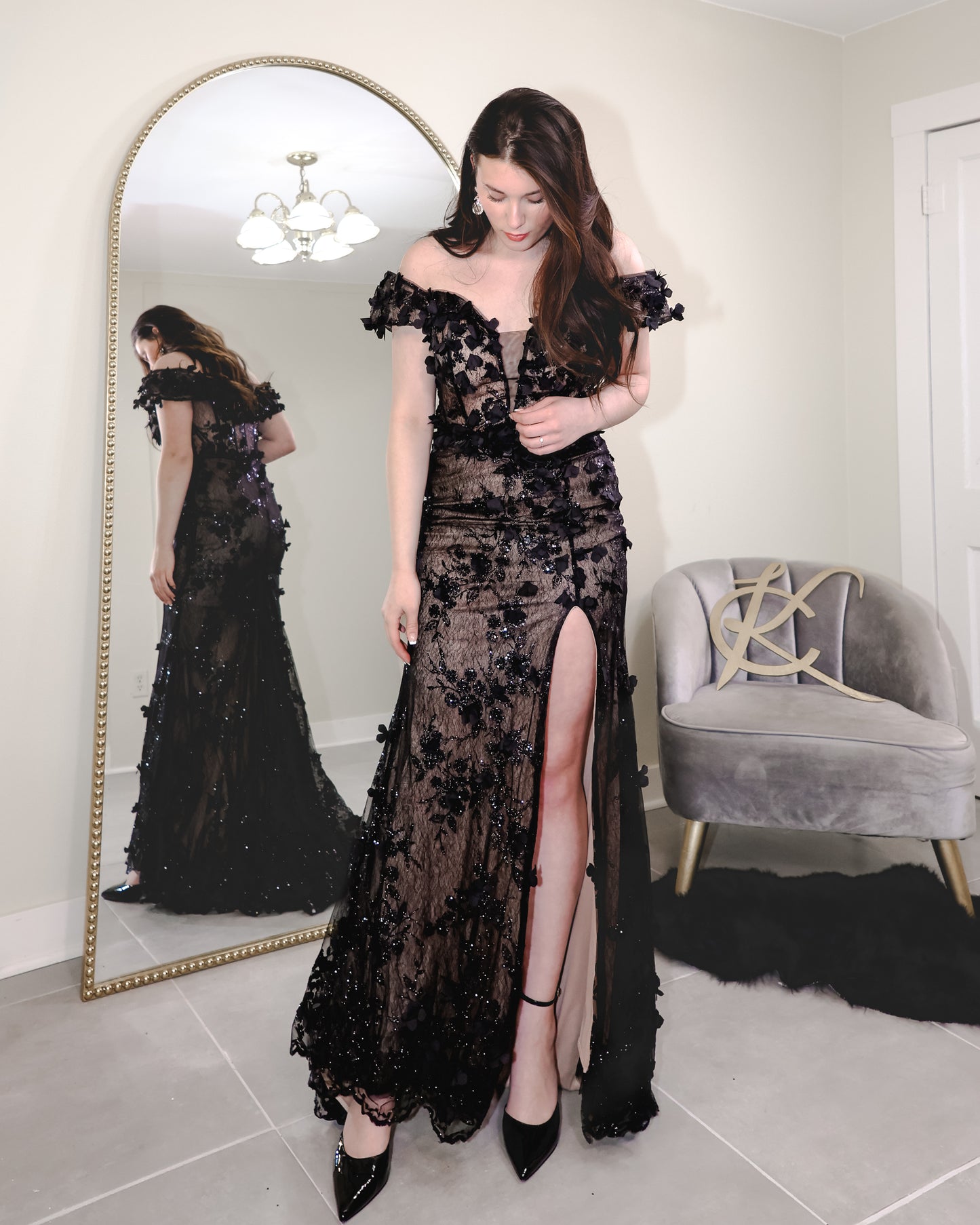 Off The Shoulder Floral Lace Gown