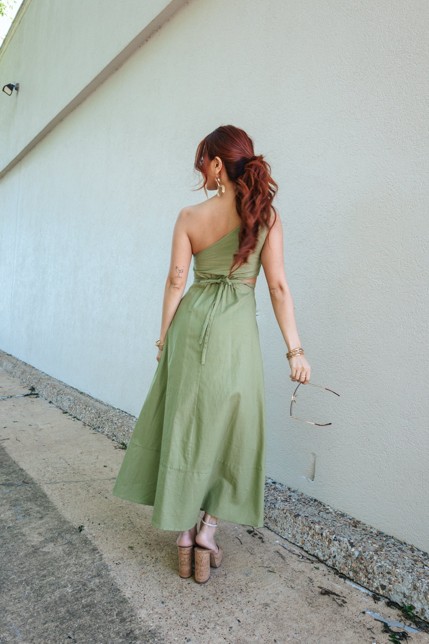 Olive One Shoulder Cut Out Midi Dress-Dress-KCoutureBoutique, women's boutique in Bossier City, Louisiana