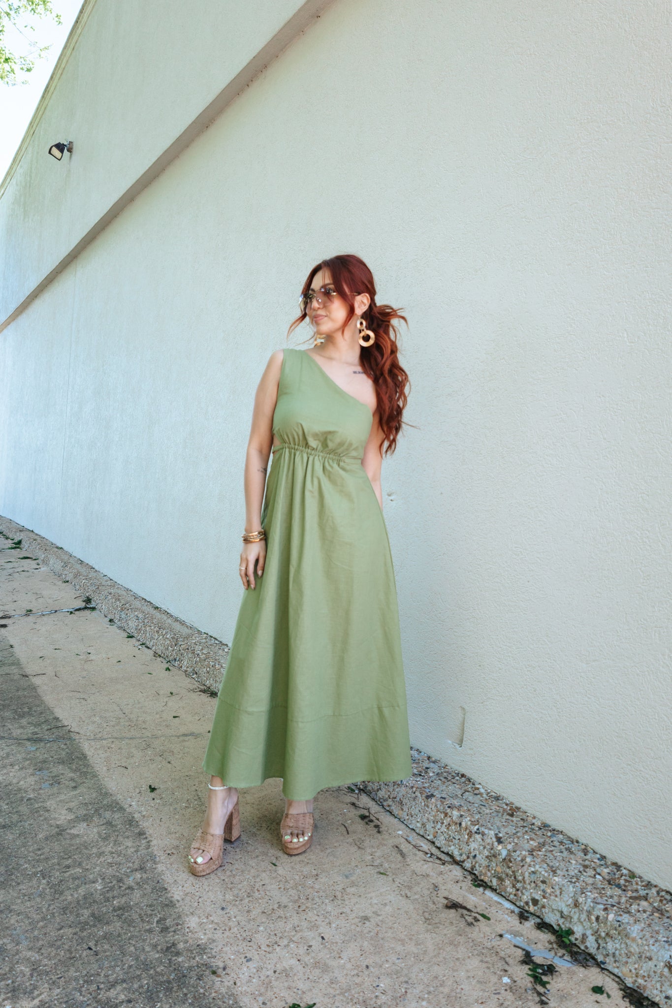 one shoulder olive green dress One-Shoulder High Low Maxi with Pockets SIZE GUIDE Olive One Shoulder Cut Out