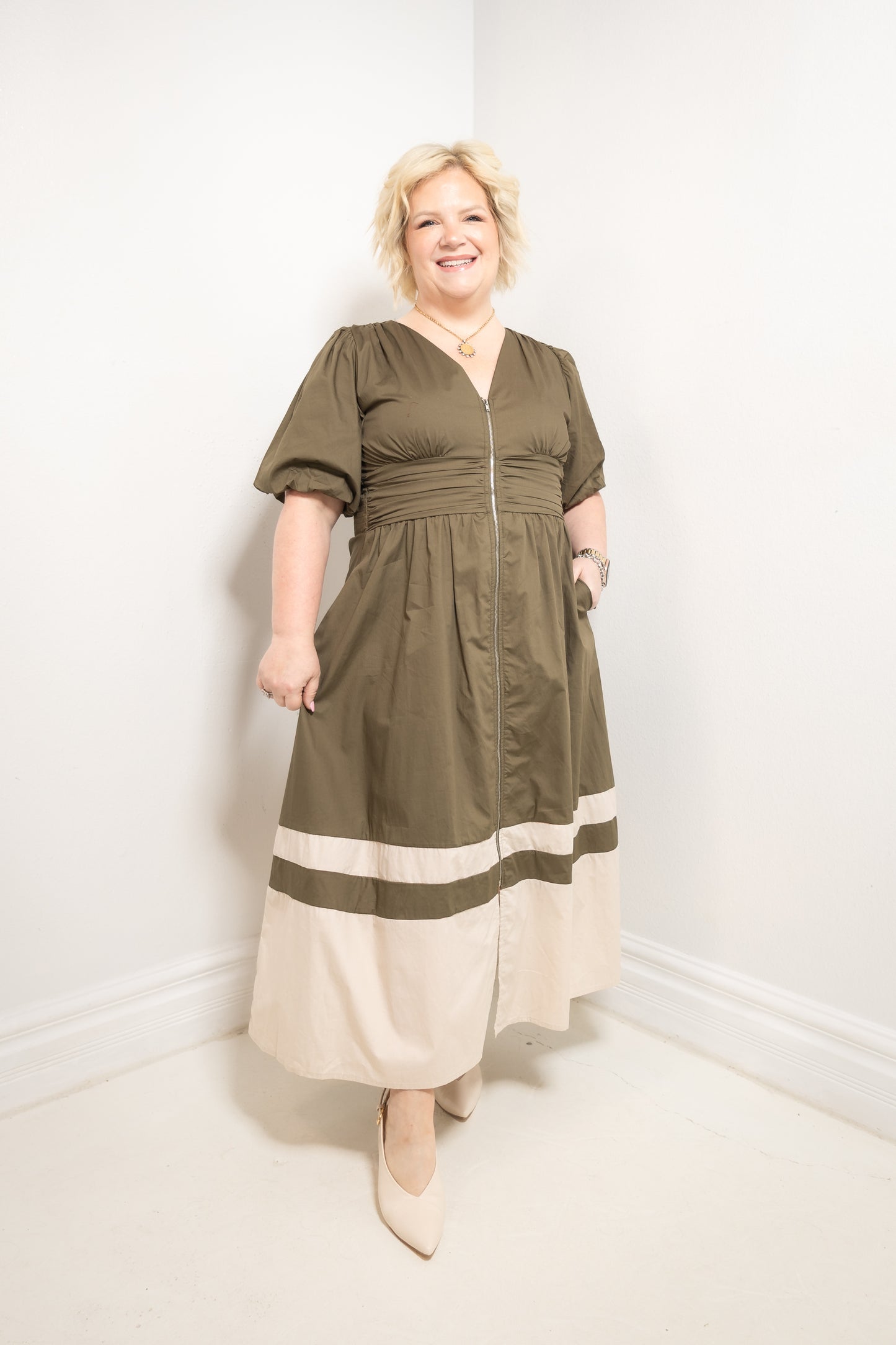 Olive Grove Puff Sleeve Colorblock Midi Dress