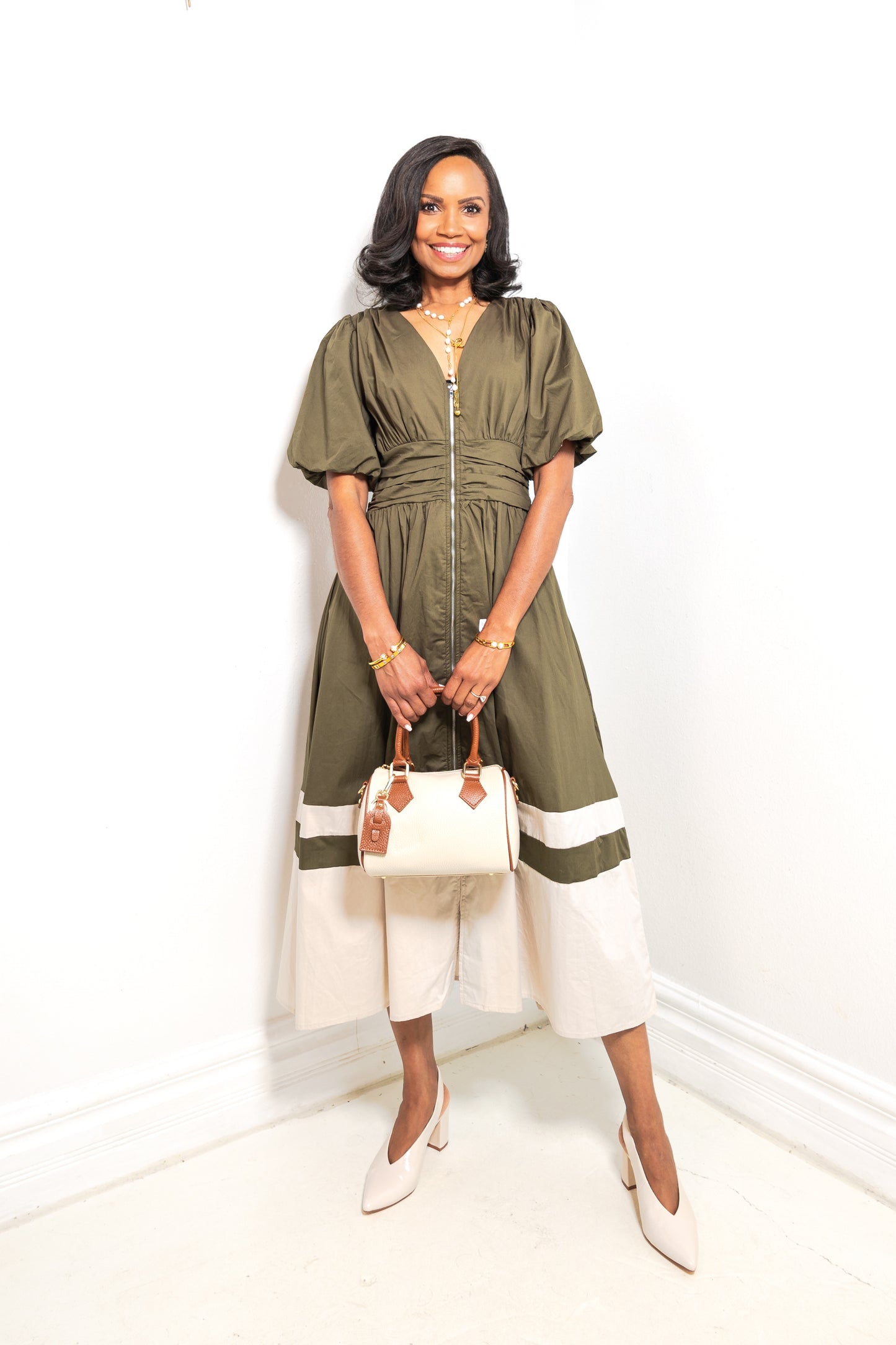 Olive Grove Puff Sleeve Colorblock Midi Dress