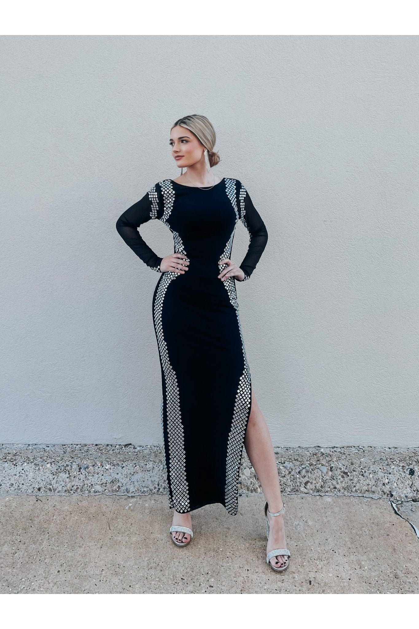 On Edge Rhinestone Maxi Dress-Dresses-KCoutureBoutique, women's boutique in Bossier City, Louisiana