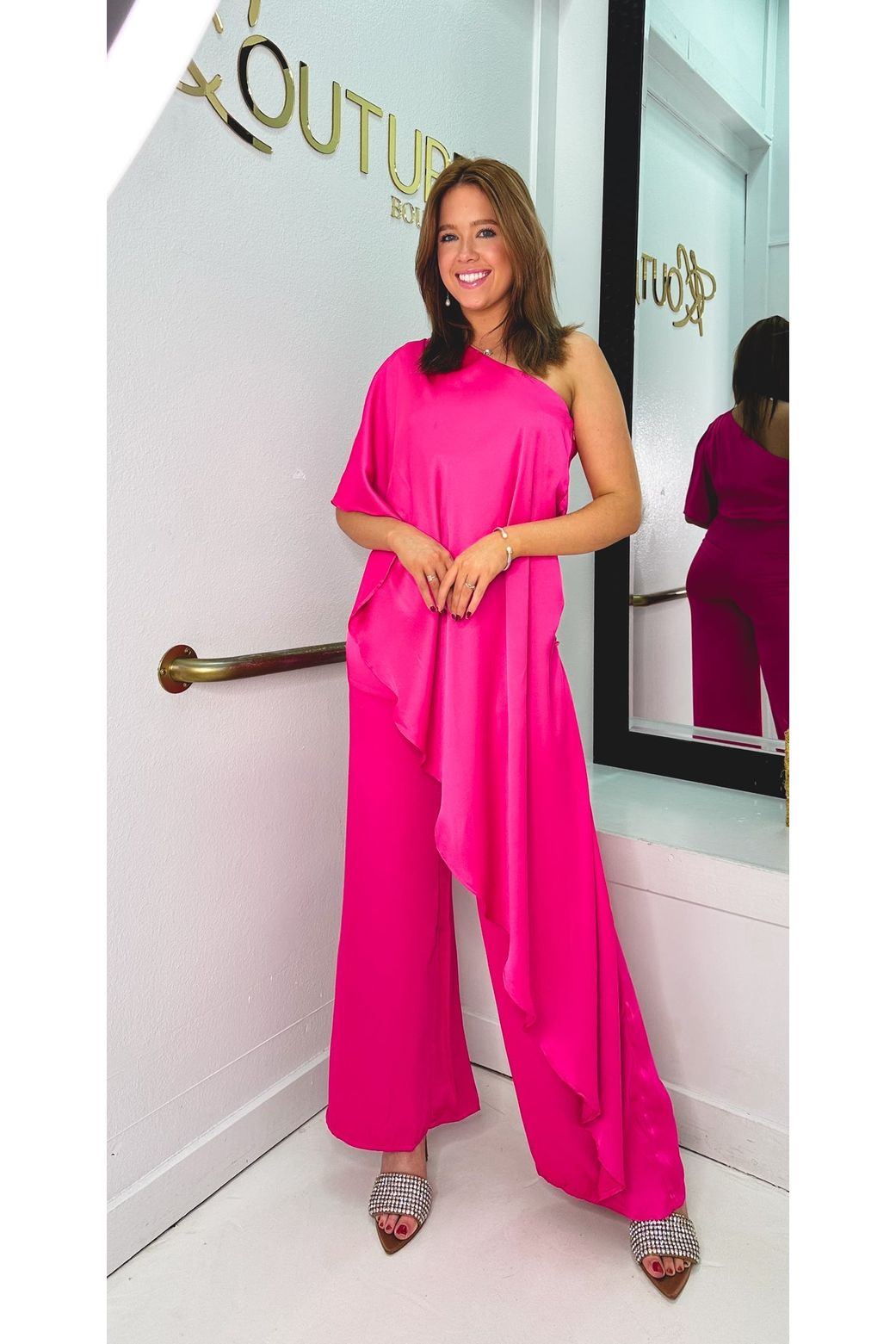 One Shoulder Drape Satin Jumpsuit-Jumpsuits-KCoutureBoutique, women's boutique in Bossier City, Louisiana