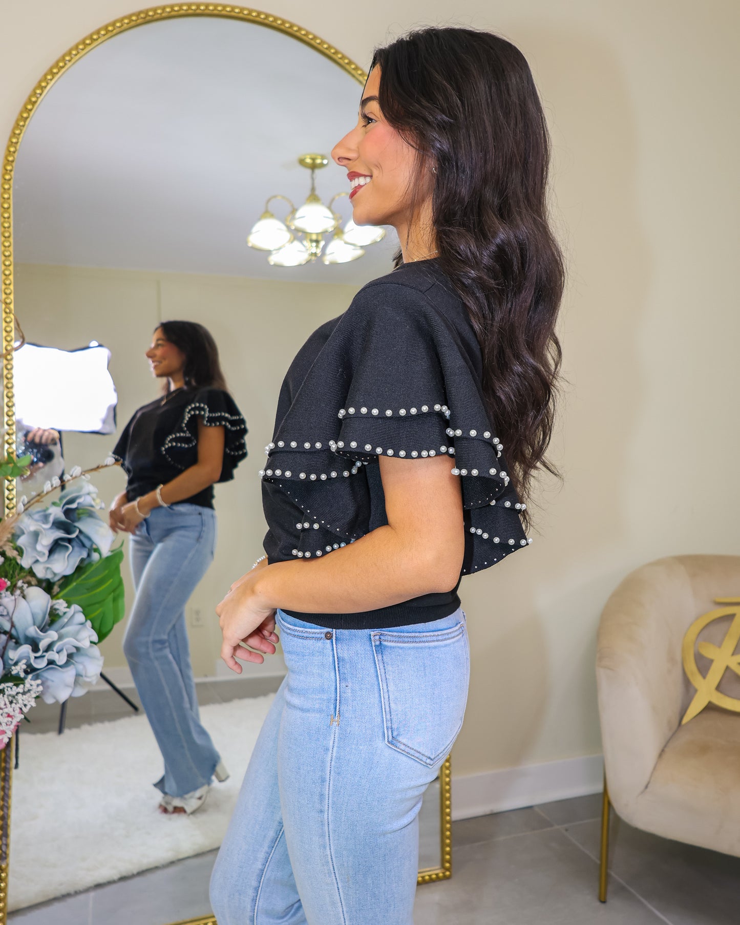 Pearl Kissed Ruffled Knit Sweater Top