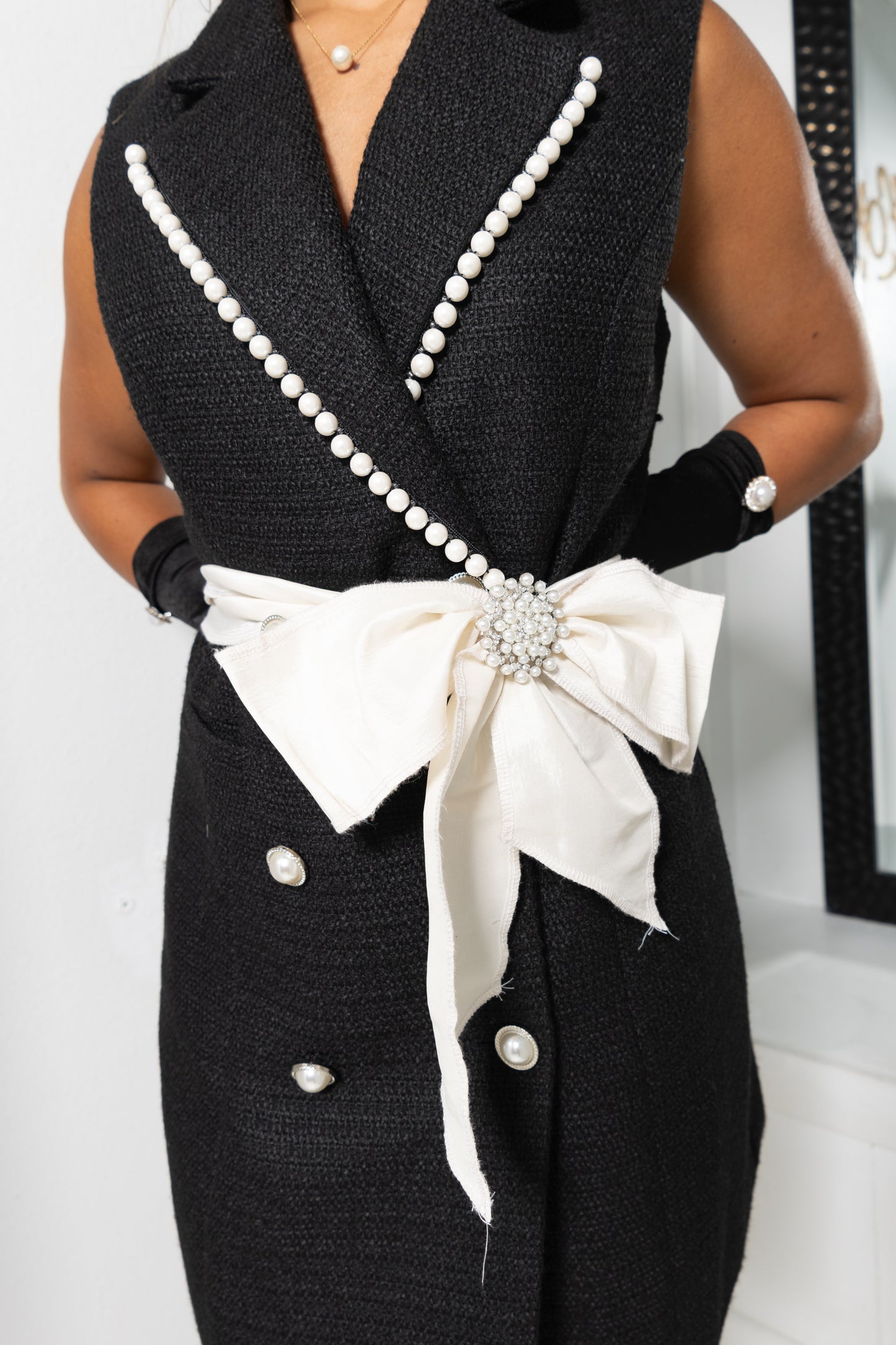 Endless Rose Pearl Trim Sleeveless Tweed Blazer Dress