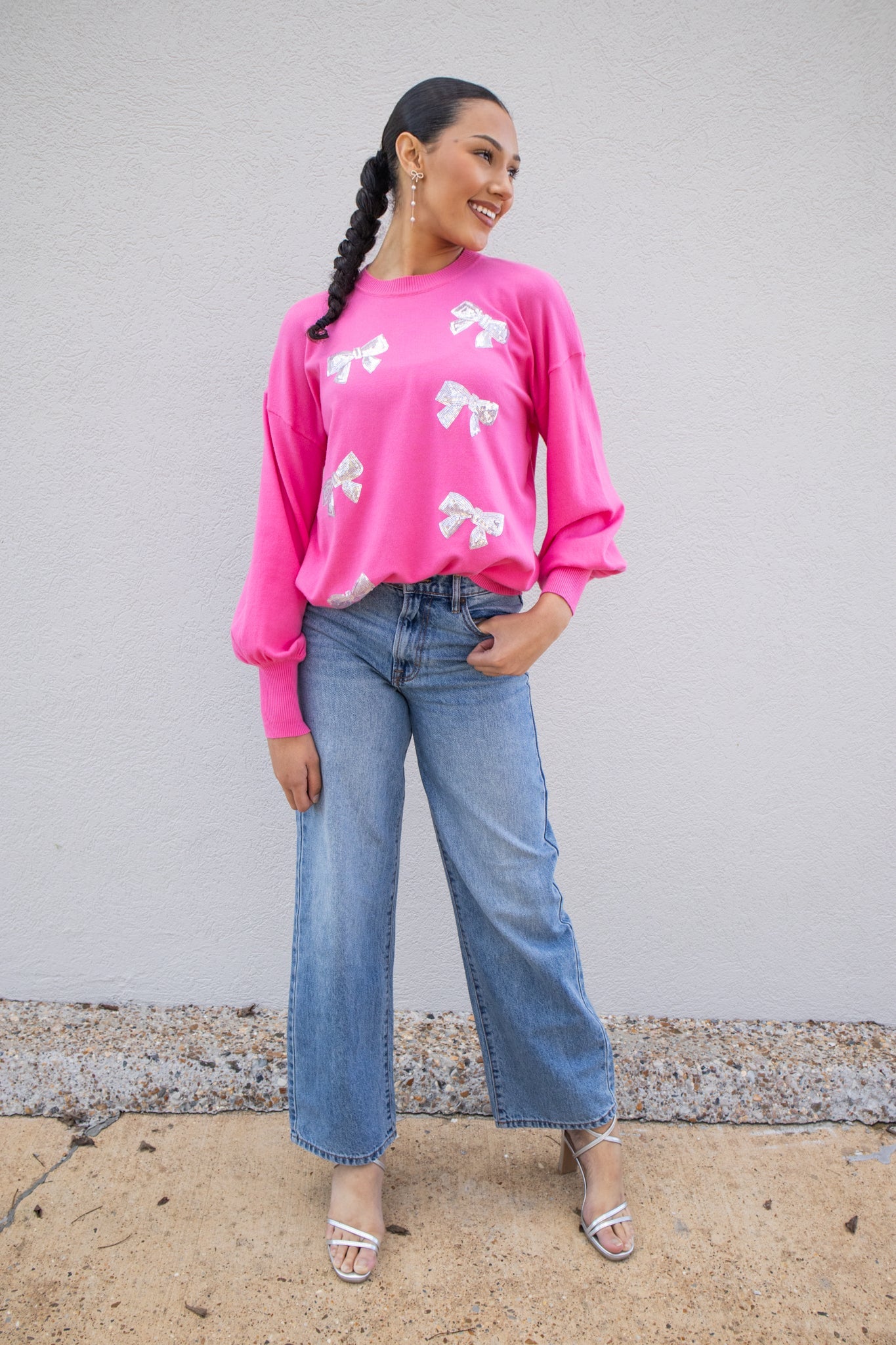 flared jeans outfit ideas — bows & sequins